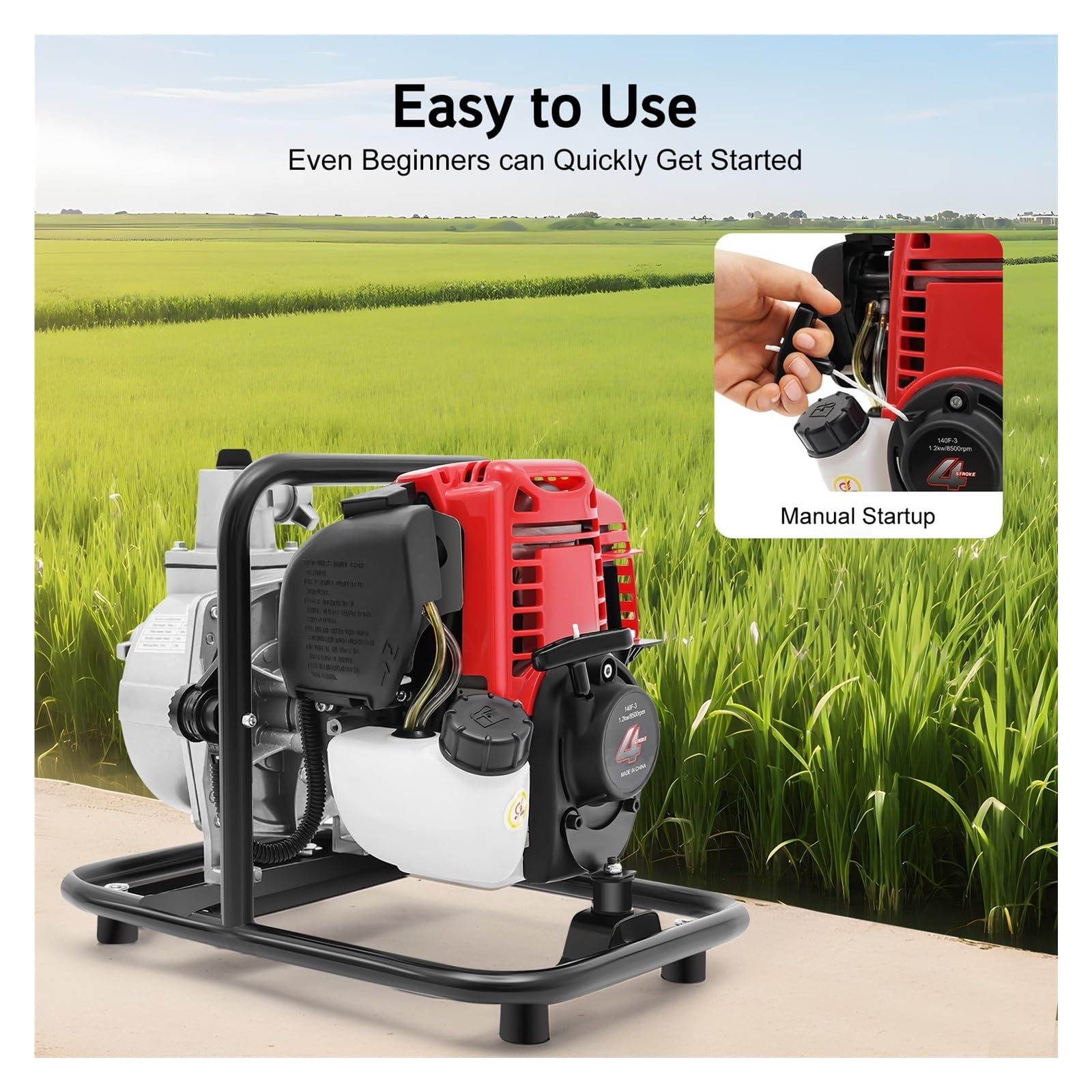 Bomba De Agua con Motor Gasolina 1200 W, 4 Tiempos, 38 CC, 8500 RPM, For Riego Agrícola Rendimiento Potente
