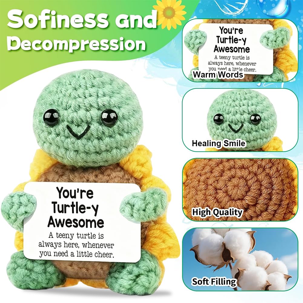 Mini Funny Knitted Turtle Doll - 4.3 Inch Positive Encouragement Gift With Message Card, Cheer Up Present