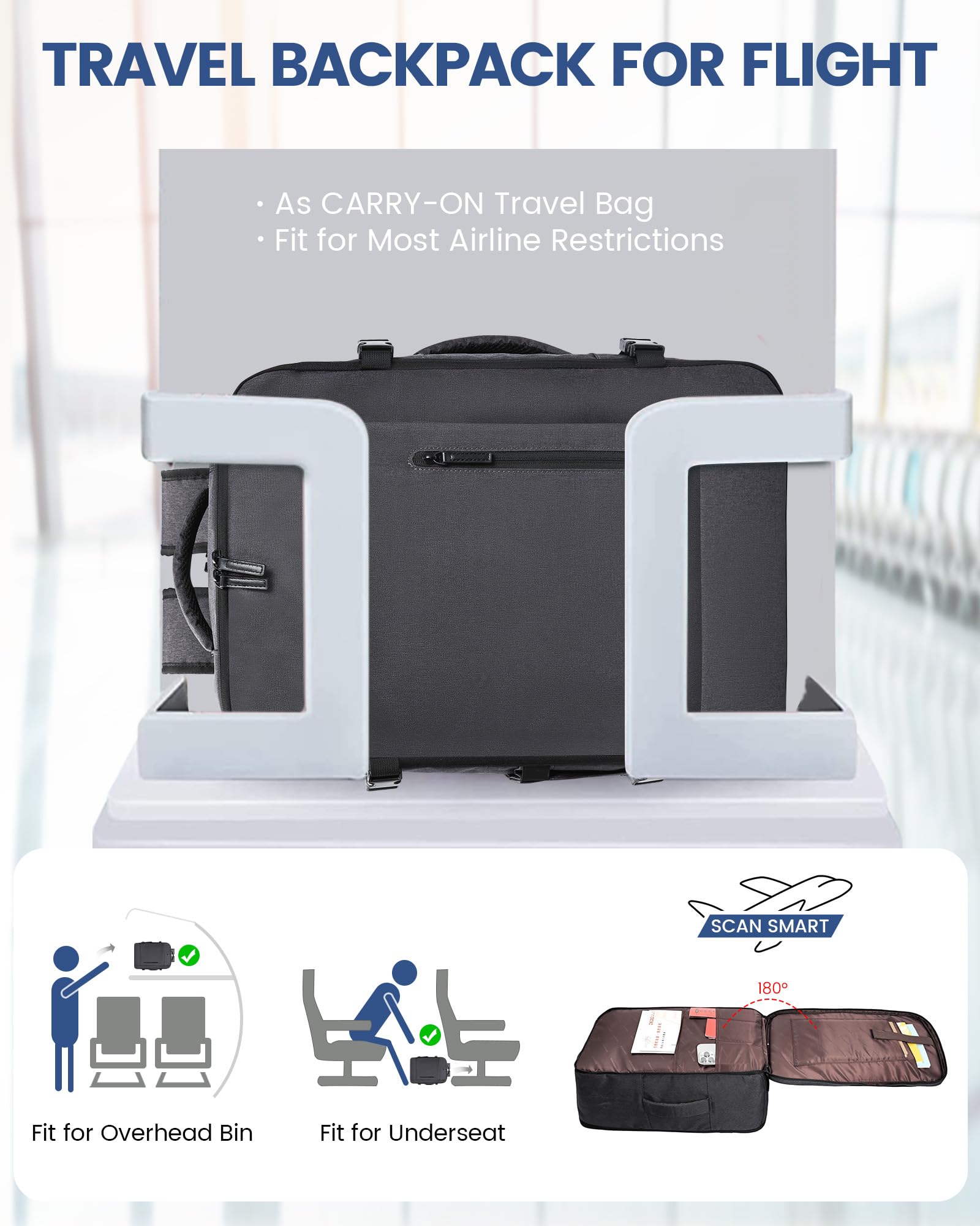 LOVEVOOK Mochila de Viaje para Avión, Equipaje de Mano, Bolsa para Cabina para Vuelos, Mochila de Viaje para Mujer y Hombre, Mochila Porta PC para Escuela, Trabajo, Senderismo, gris oscuro, 18 Pollici
