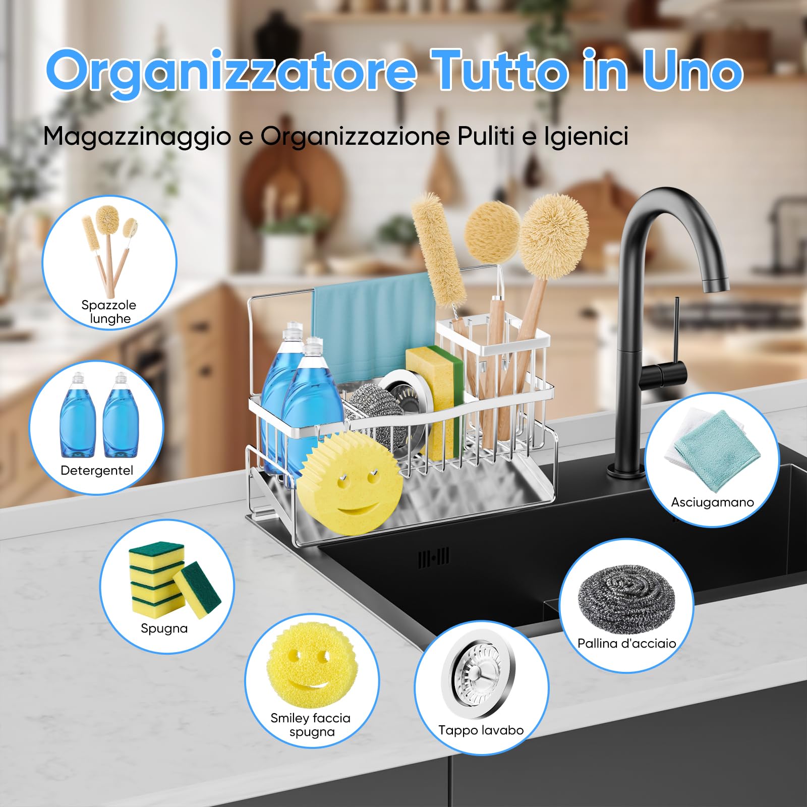 Organizer Cucina Porta Spugna per Lavello Autosvuotante in Acciaio Inossidabile con Portaspazzole Alto Gancio per Spugna Porta Asciugamani e Divisore Organizer per Gadget per Bancone, Argento