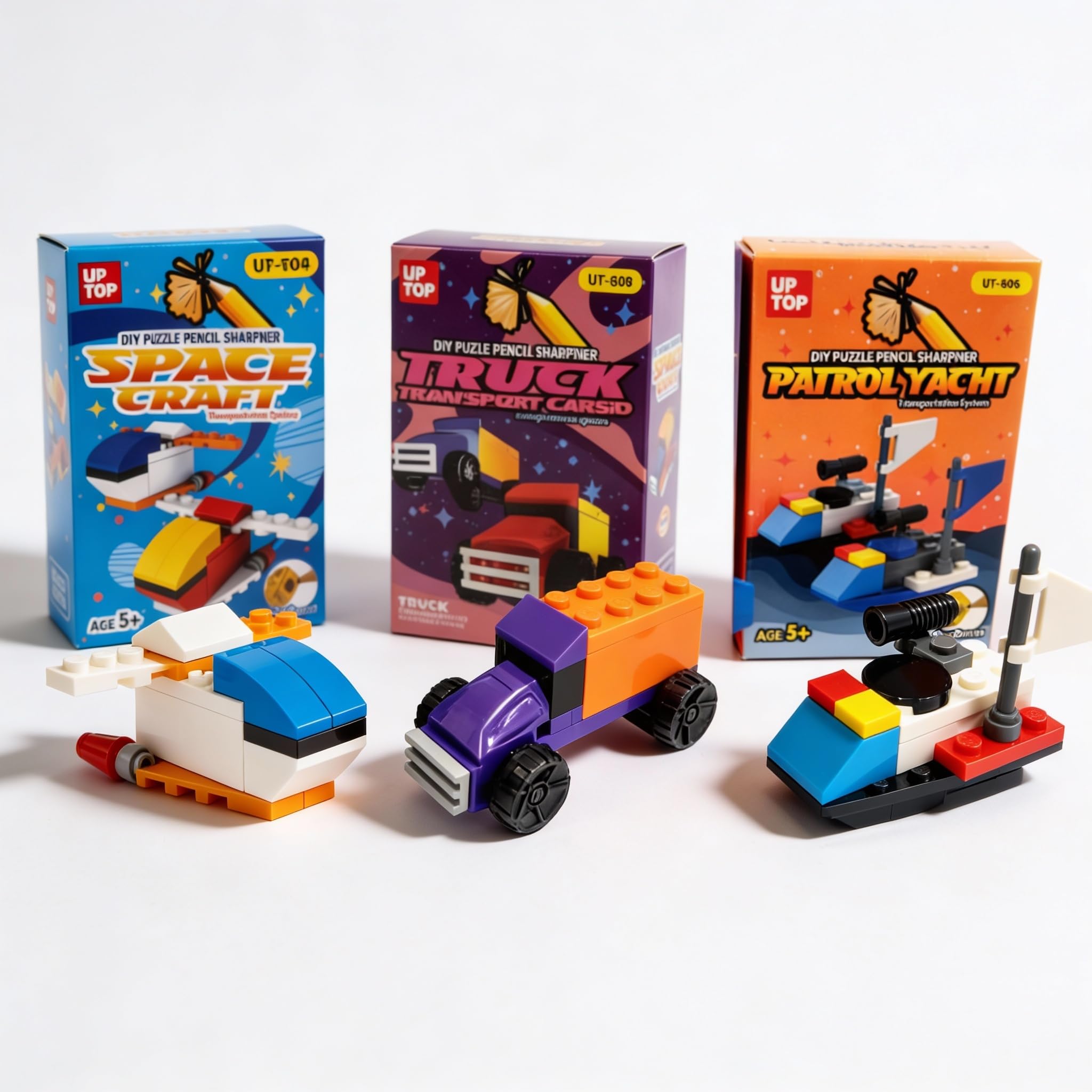 Pack of 3 KiddiBox DIY Lego Puzzle Pencil Sharpener Building Block Toy, Space Craft, Truck, Patrol Yacht Designs, Multicolor, Plastic, Age 5+,Birthday Return Gifts-image-2