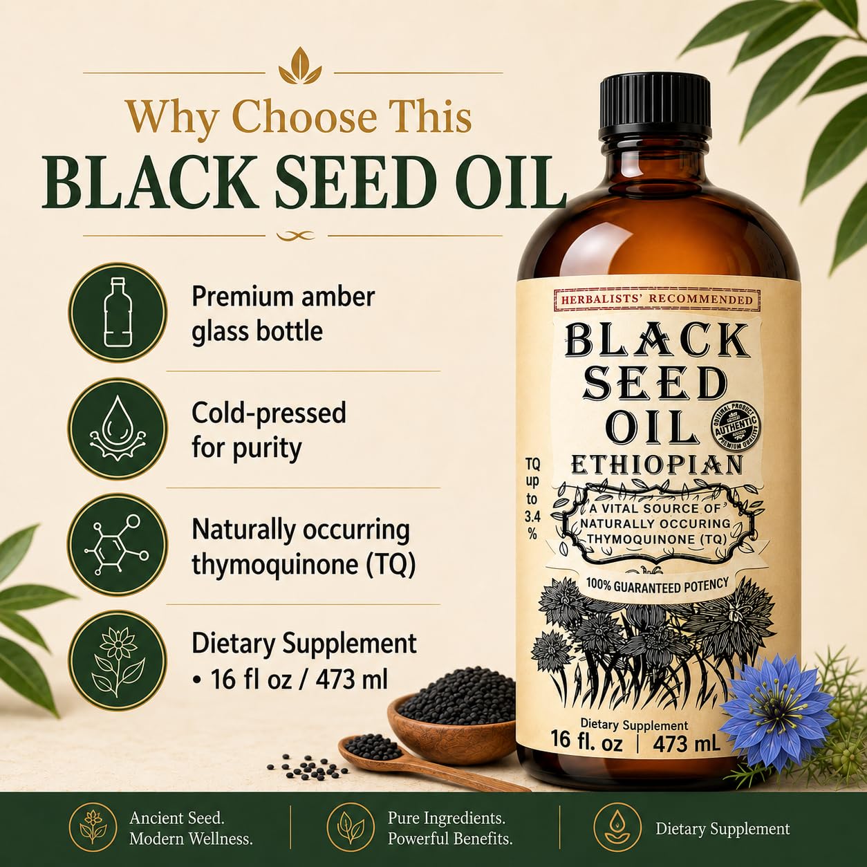 Black Seed Oil 16 oz, Cold Pressed, High Thymoquinone, Glass Bottle — Amazon image 3