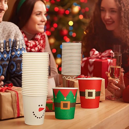 Miniatura 6 de 100 vasos de papel de Navidad, vasos de café desechables de Navidad, copos de nieve, Papá Noel, elfo, muñeco de nieve, alce, tazas de Navidad de 9