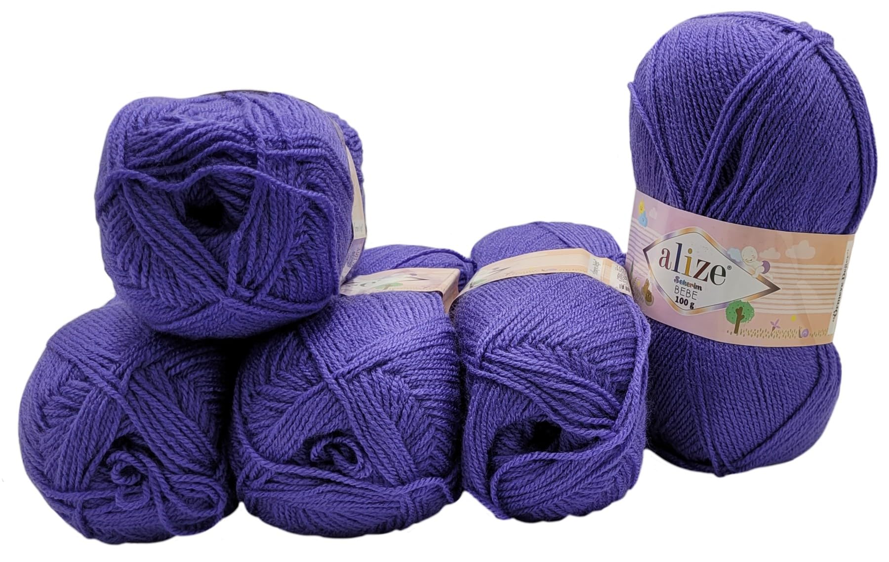 Ilkadim Export5 x 100 g Alize Sekerim Bebe Knitting Wool, 500 g Wool, Plain Knitting Yarn, Baby Wool (Purple 851)