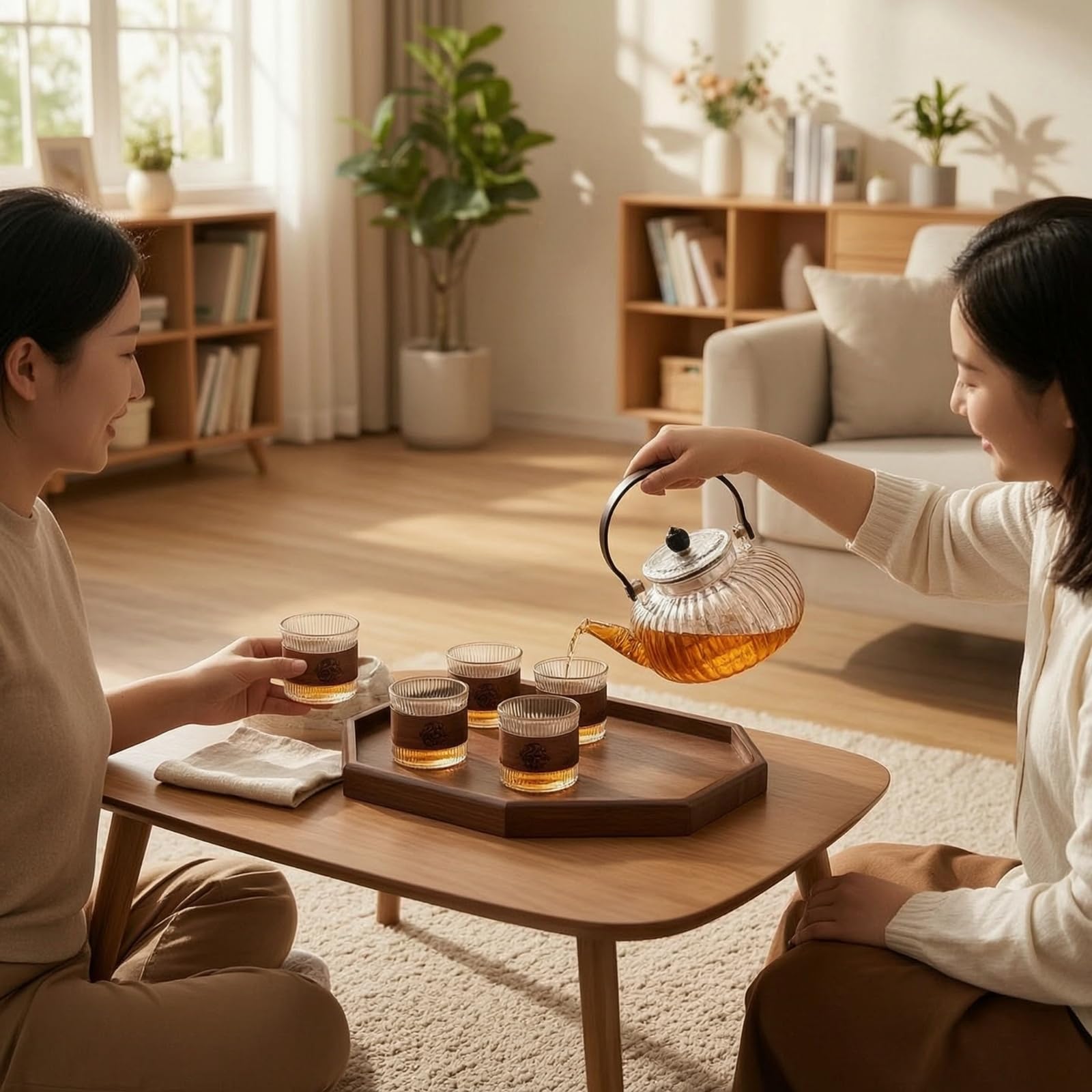 Teeset aus transparent Teeservice mit Kanne und Tassen tropf Tasse für Teeliebhaber, 1 Kanne, 6 Tassen, 1 Tablett, Hochwertig