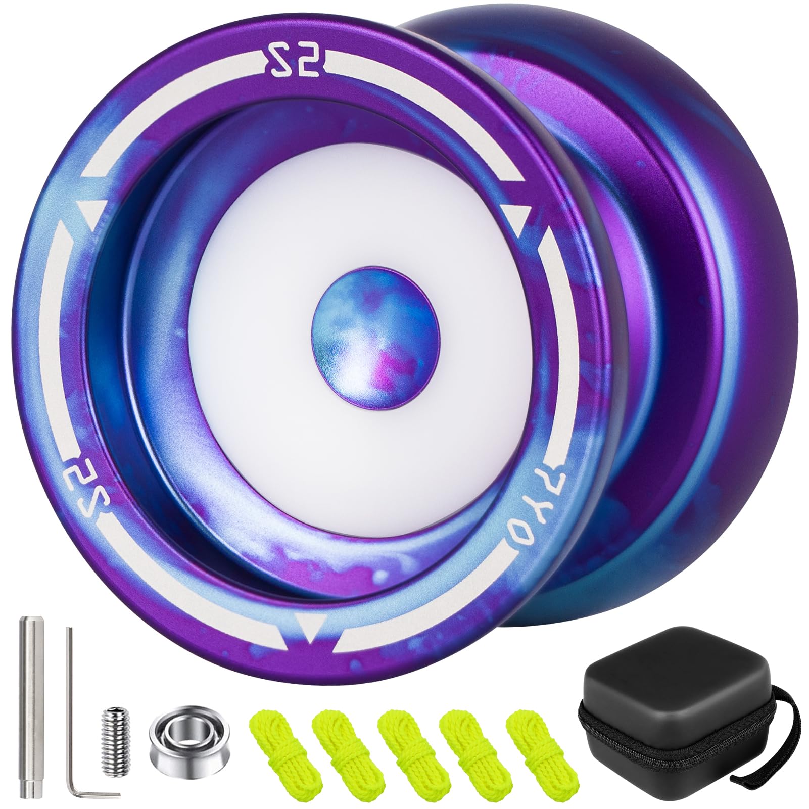 7YO S2 Responsive Yoyo Professional Dual Function Yoyo for Kids 8-12, Metal Unresponsive Mode with 10 Strings, Case, Bearing Removal Tools -Purple Blue