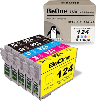 BeOne Remanufactured Ink Cartridges Replacement for Epson T124 124 to use with Stylus NX125 NX127 NX130 NX230 NX330 NX420 NX430 Workforce 320 323 325 435 Printer 5-Pack; 2BK, 1C, 1M, 1Y