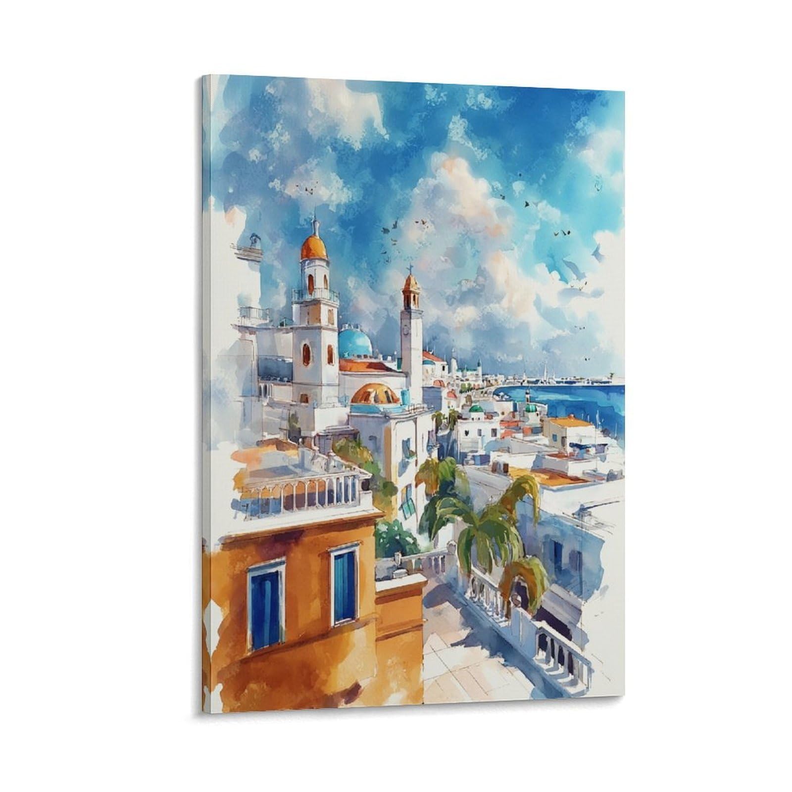 Xwymxz Frame-Style Veracruz Watercolor Coastal Cityscape 16X24inch(40X60cm) Vintage Travel Poster Watercolor Canvas Art