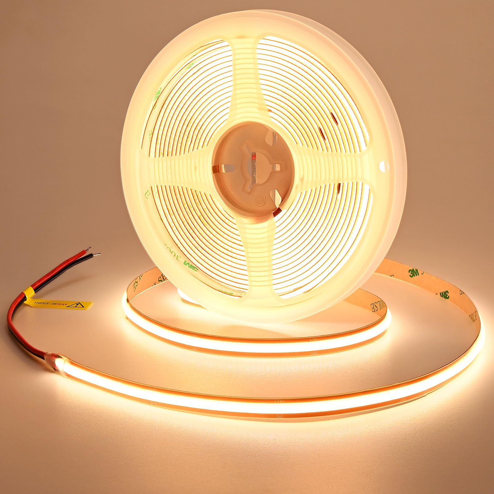 GOMING 24V COB LED Strip Warmes Weiß 3000K 5M LED Streifen Nach Belieben Schneiden 528LED/M 13W/M LED Band Selbstklebend CRI 93+ 4600lm IP20 Nicht Wasserdicht für Heim Deko(Netzteil nicht Enthalten)