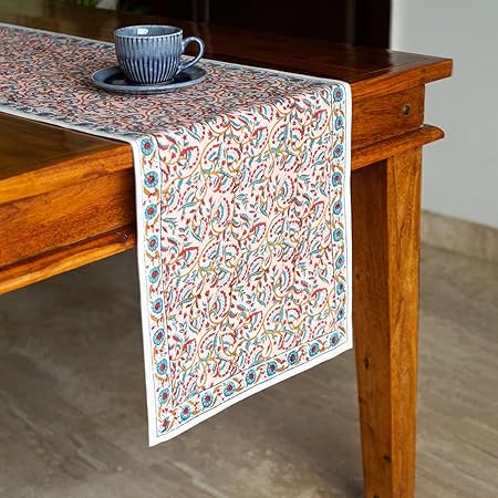 ExclusiveLane 'The Emperor's Flowers' Hand Block Printed Cotton Table Runner for Dining Table Decor & Centre Table (110 X 14 Inches), Multicolor (EL-046-005)