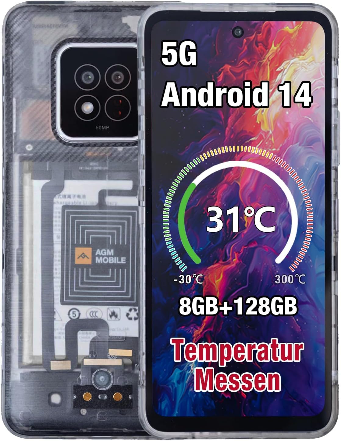 AGM X6 2026 Outdoor Handy Ohne Vertrag mit Temperatursensor 5G, 8GB+128GB/512GB, 6,78'' FHD+ Display, Android 14 Robustes Wasserdicht Smartphone, 50MP+16MP, Dual SIM/Face ID/5000mAh Akku,Transparent
