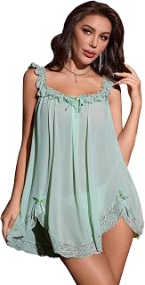Women's 2 Piece Mesh Sheer Floral Lace Babydoll Slip Dress Nightgowns and Thong Lingerie Set