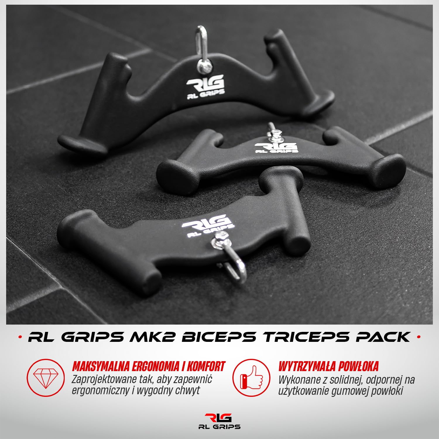 RL Grips - MK2 Uchwyty do kół pasowych do bicepsów i tricepsów - Zestaw 3 sposobów treningu kablowego ergonomiczne ramię - uchwyty do zwijania kół pasowych