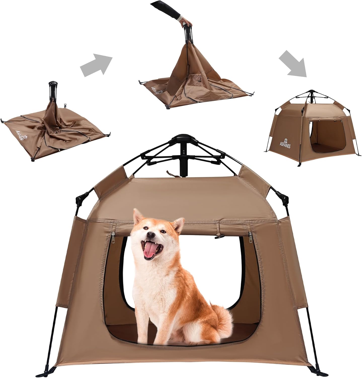 outdoor waterproof pet automatic camping tent, pop up cave bed for indoor cats and small dogs, portable cat house dog house, brown.