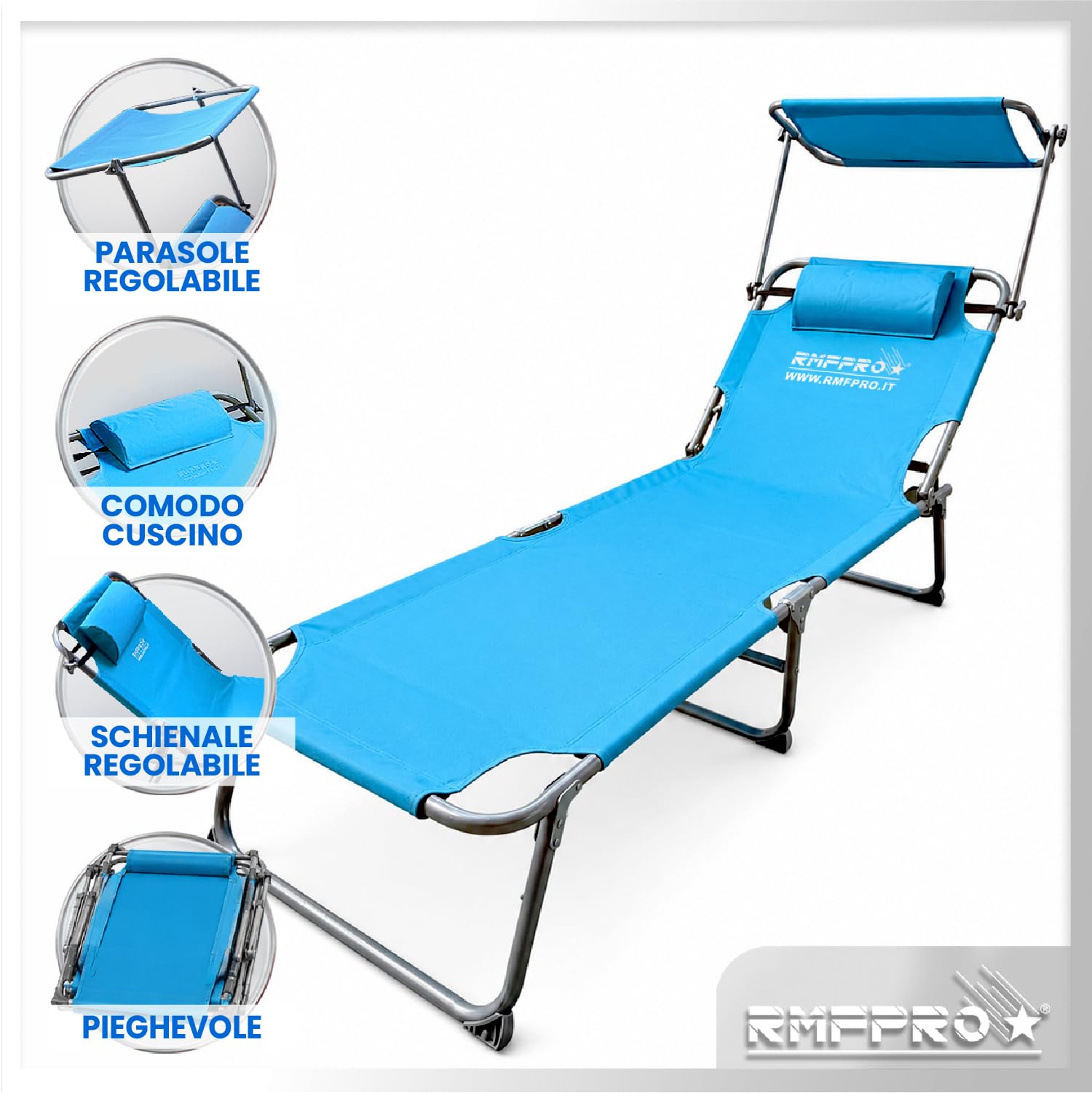 Set 2 Lettini Prendisole da Giardino o Spiaggia con Parasole, Lettino Mare Regolabile in 4 Posizioni - Struttura in Acciao Sdraio da Giardino Pieghevole Portatile, Cuscino Poggiatesta Blu