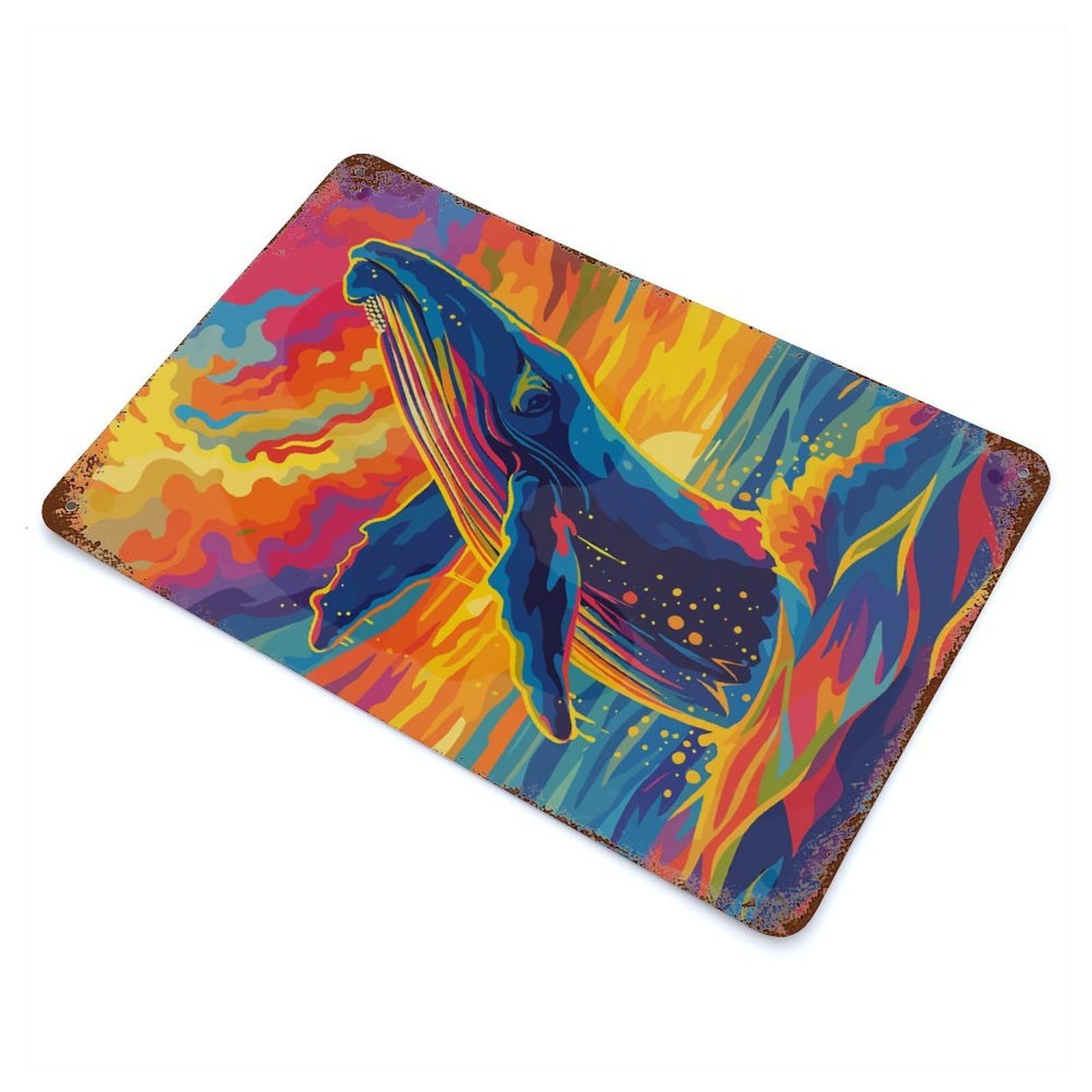 Vintage Metal Tin Sign with Colorful Whale Breaching at Sunset Design 11.8"x7.9", for Patio, Garden Room And Bar Decor, Classic Wall Plaque