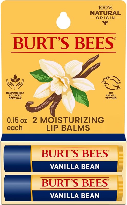 Bálsamo labial Burt's Bees: vainilla, humectante labial con cera de abejas de origen responsable, tratamiento acondicionador de origen natural sin tinte, 2 tubos, 0.15 oz.