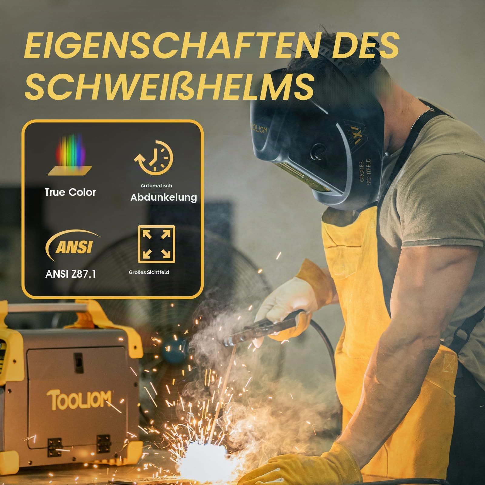 TOOLIOM TL-M800D Schweißhelm mit automatischer Verdunklung, großer Farbspektrum, 4/5-9/9-13 mit Schweiß/Schleifen/Schnittschweißmaske, Kapuze, groß
