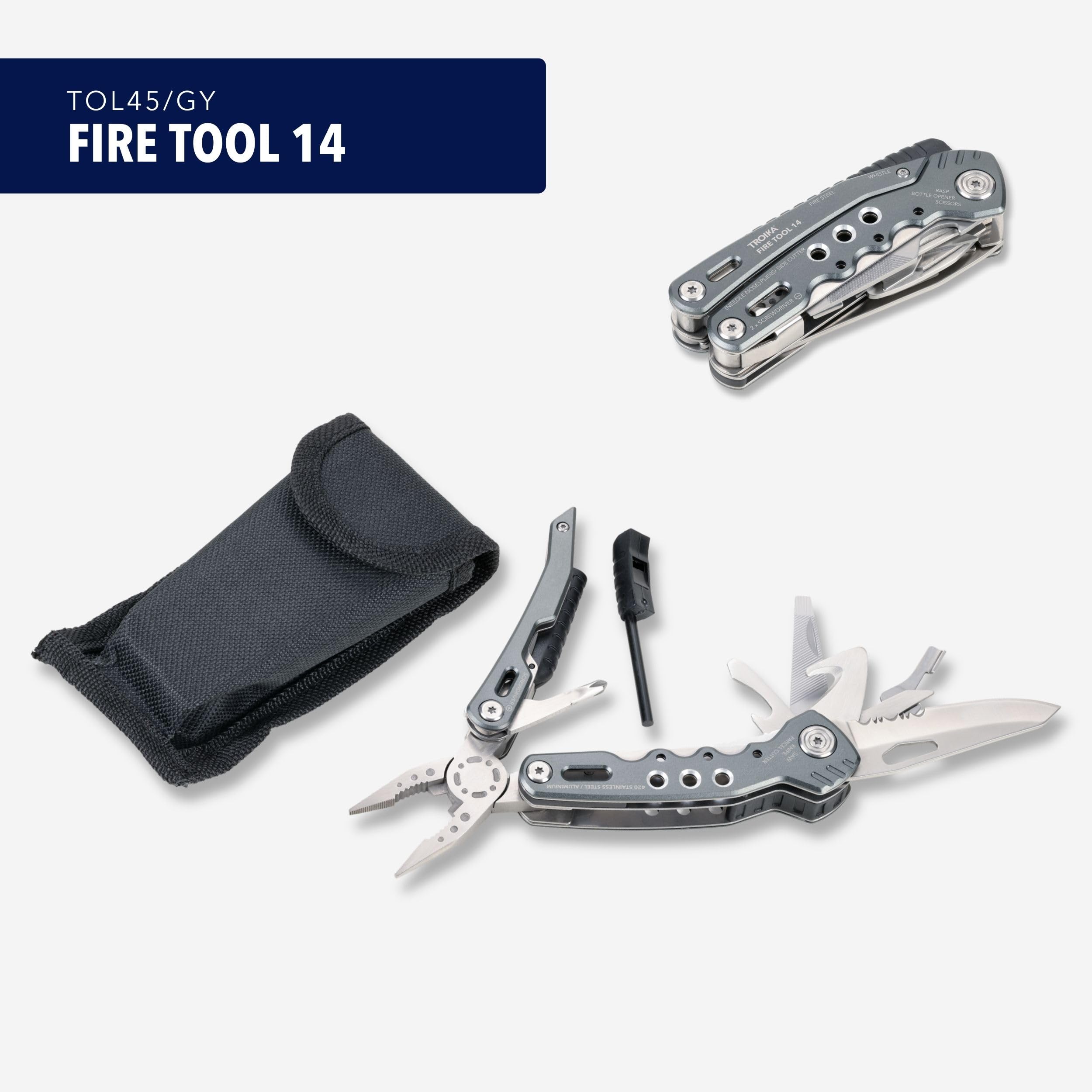 Troika Fire Tool 14 Outil multifonction avec 14 fonctions pour les voyages en plein air et survie – Ressort intégré et fonction de verrouillage – Acier inoxydable 420 – Aluminium – Anodisé – Gris