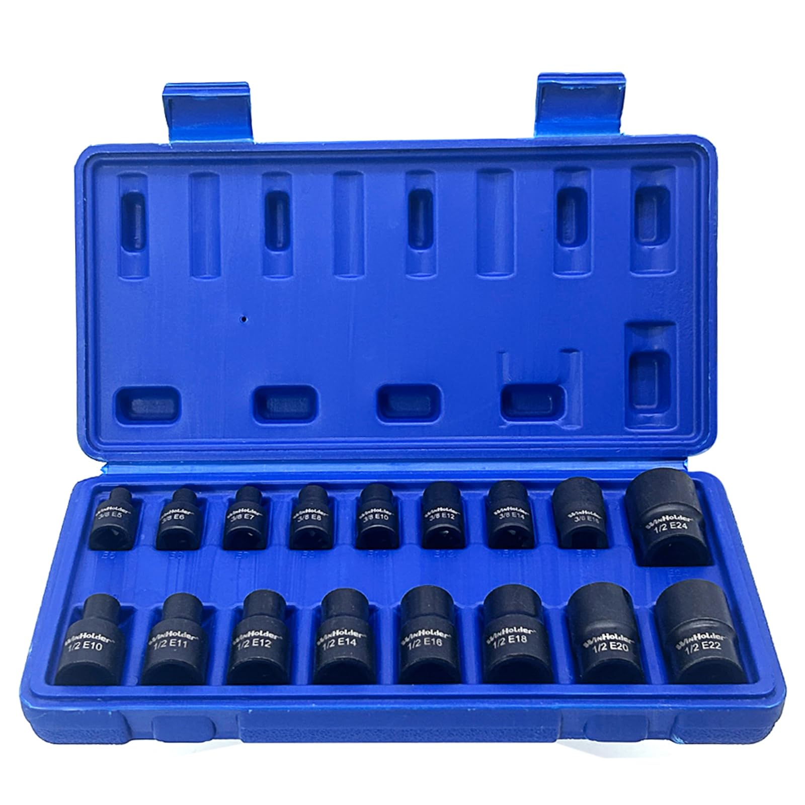 WinHolder 35Peices 6 Point Deep Impact Sockets Set 1/2 Inch Metric 8mm-32mm/8PCS Impact Socket Adaptor 1/4" 3/8" 1/2" 3/4" Step Up/Down Reducer (17pcs E Torx Star Socket Set Blue Case) - Image 2