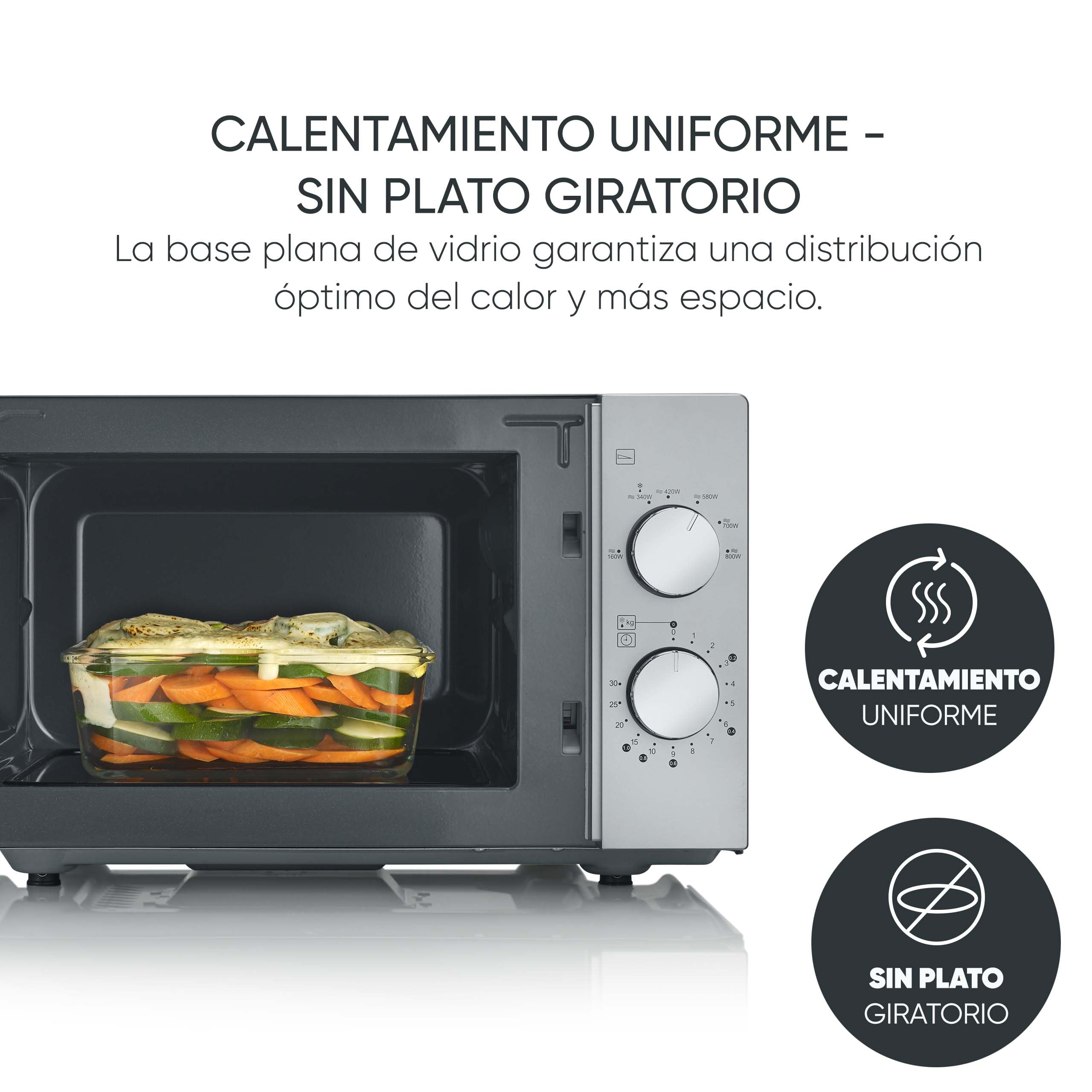 SEVERIN Microondas Flatbed 20 l, 800 W, interior plano, sin plato giratorio, calentamiento uniforme, 6 niveles de potencia, 2 mandos de control manual, negro mate, acero inoxidable, MW 9184
