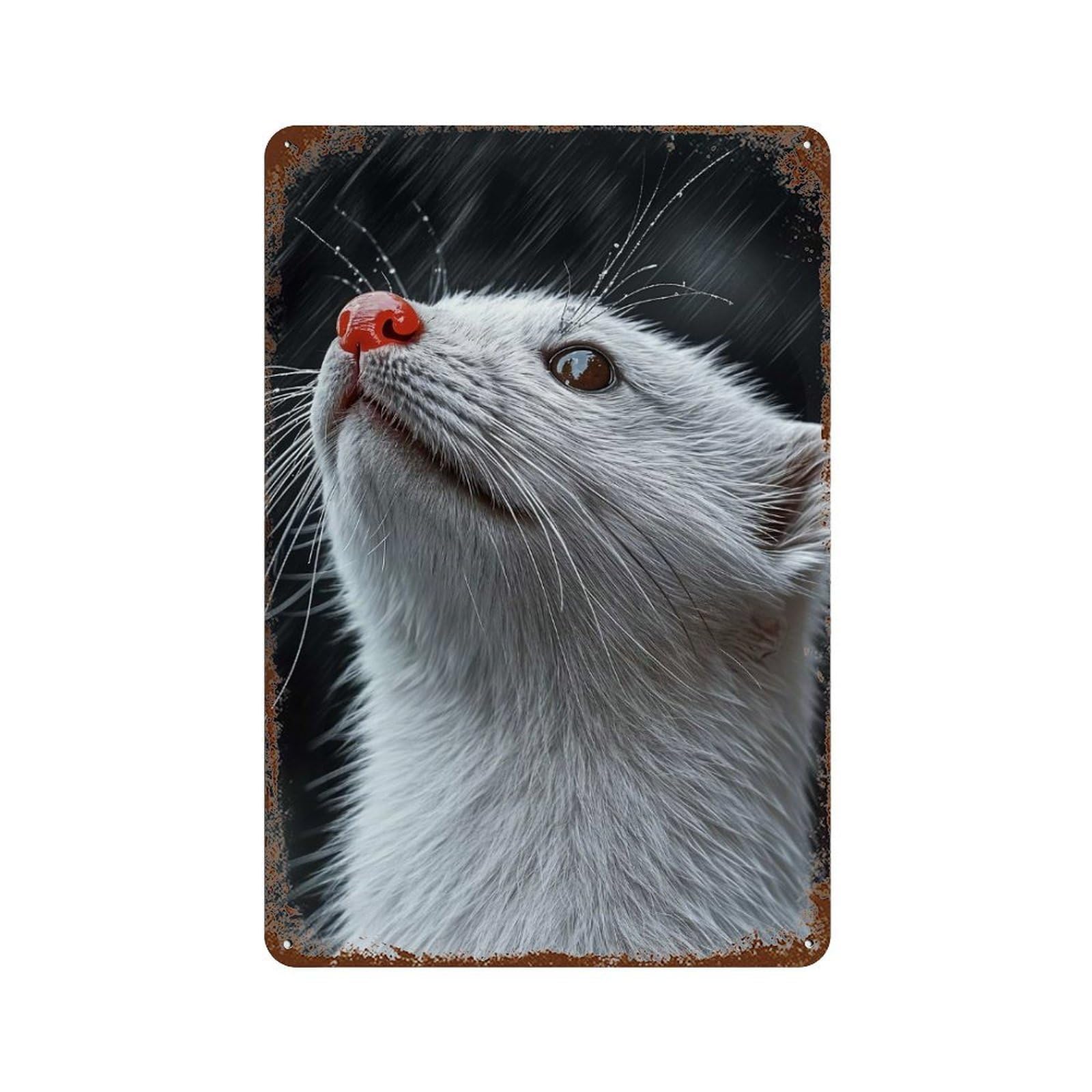 White Ferret Looking Up in Rain Rusty Metal Tin Sign 11.8"x7.9", for Shed, Workshop And Garage Wall Decor, Novelty Wall Decor
