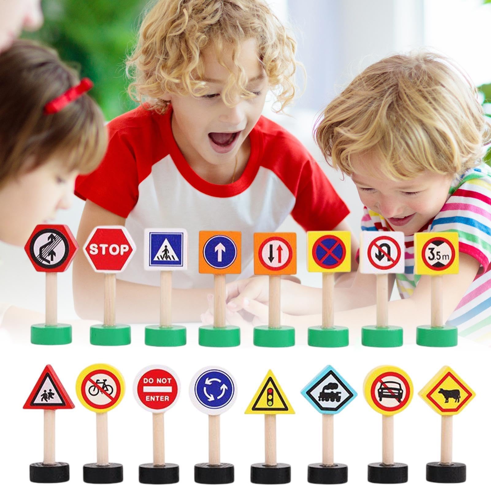 Znaki drogowe dla dzieci, 16X Street Play Toy, wczesna gra edukacyjna, drewniane krzyżowe, zabawki sygnału, aktywność edukacyjna dla dzieci, 9,06 x 7,09 x 1,18