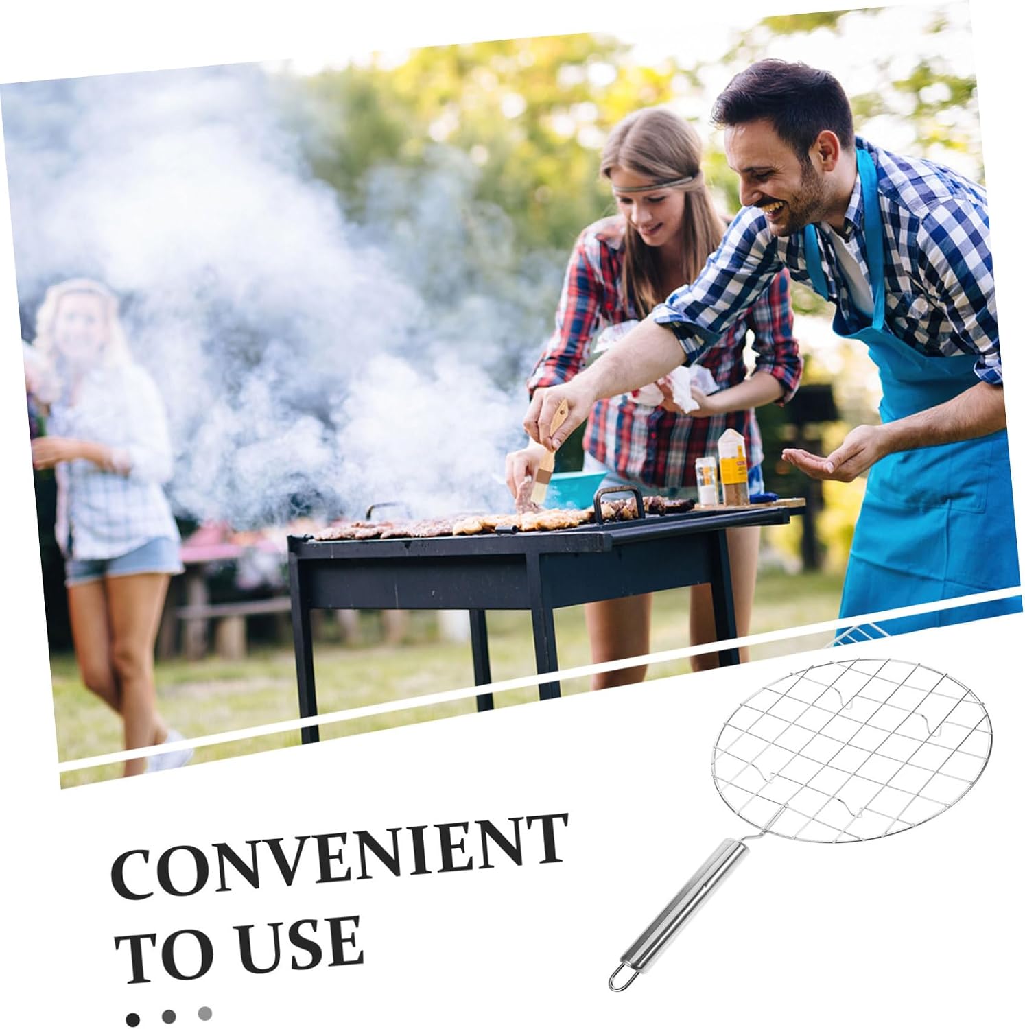 Toyvian Stainless Steel Grill Net Xmas Round Handle for Meat Fish Camping image 4