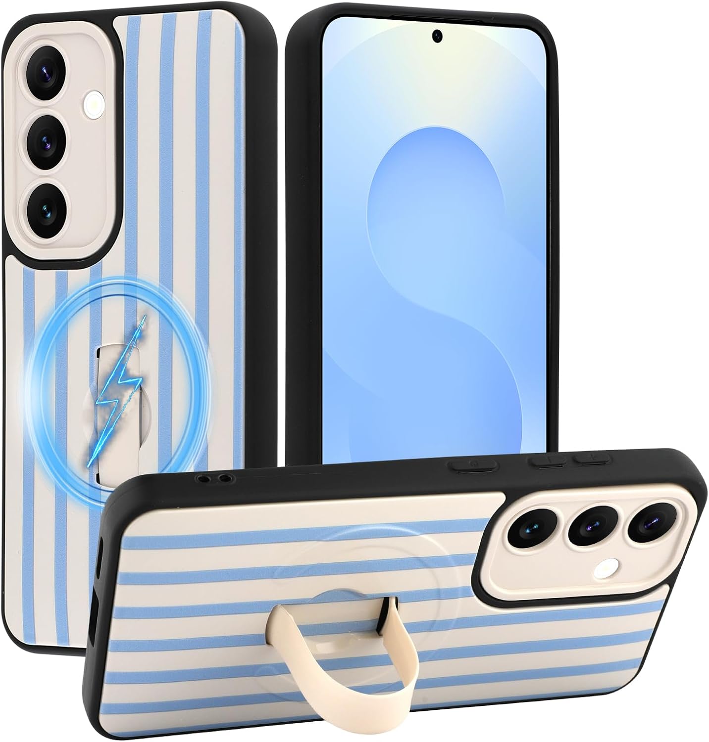 SOKAD Magnetic Checkered Case for Samsung Galaxy S24 with Finger Strap Kickstand, Compatible with Magsafe, Cute Checkerboard Designed for Women Men, Full Camera Protection Cover, Black