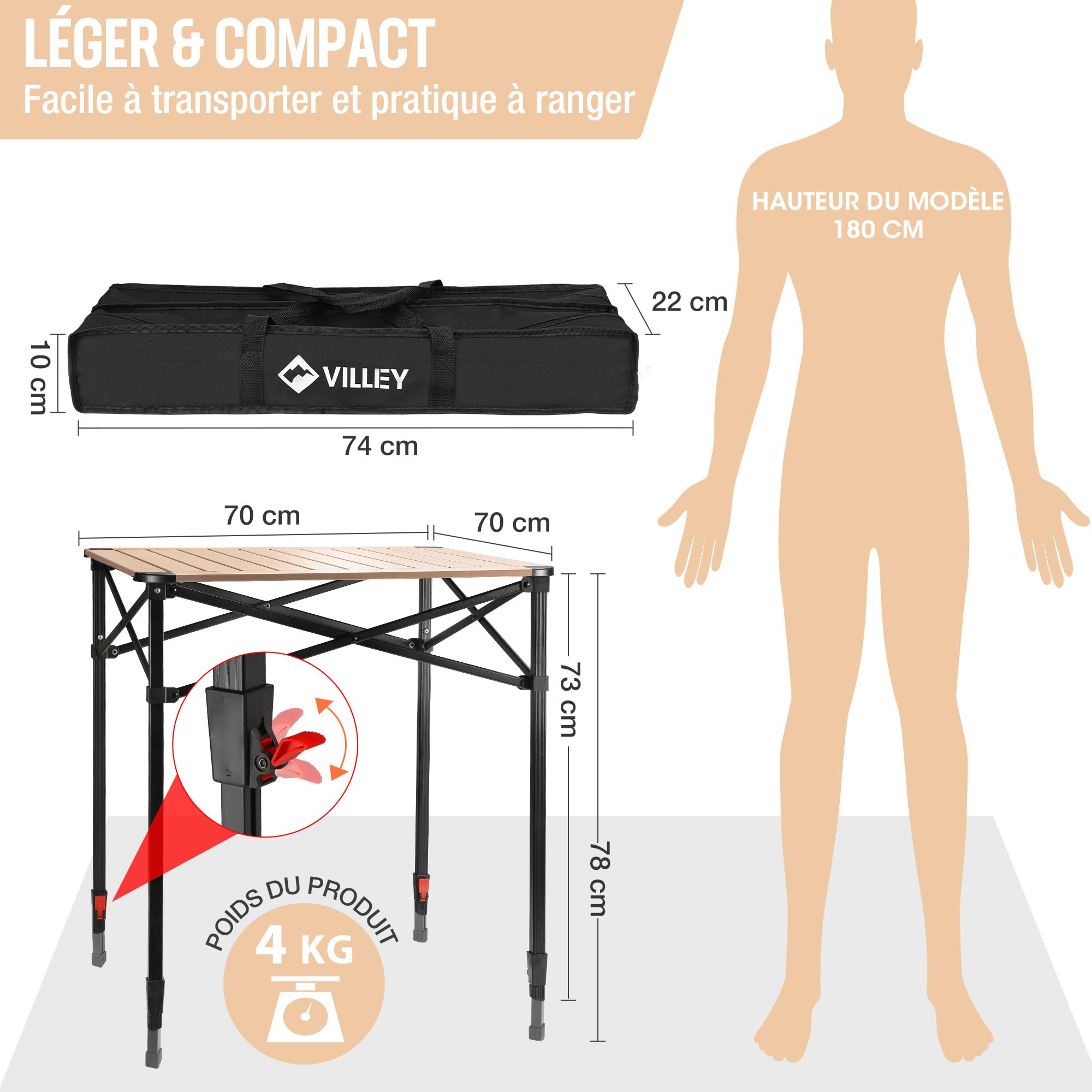 VILLEY Table de Camping Pliante, Table de Pique-Nique Pliable en Aluminium, Table Extérieure Portable avec Sac de Rangement, Table Pliante à Hauteur Réglable pour Randonnée Cuisine Jardin Plage, Large