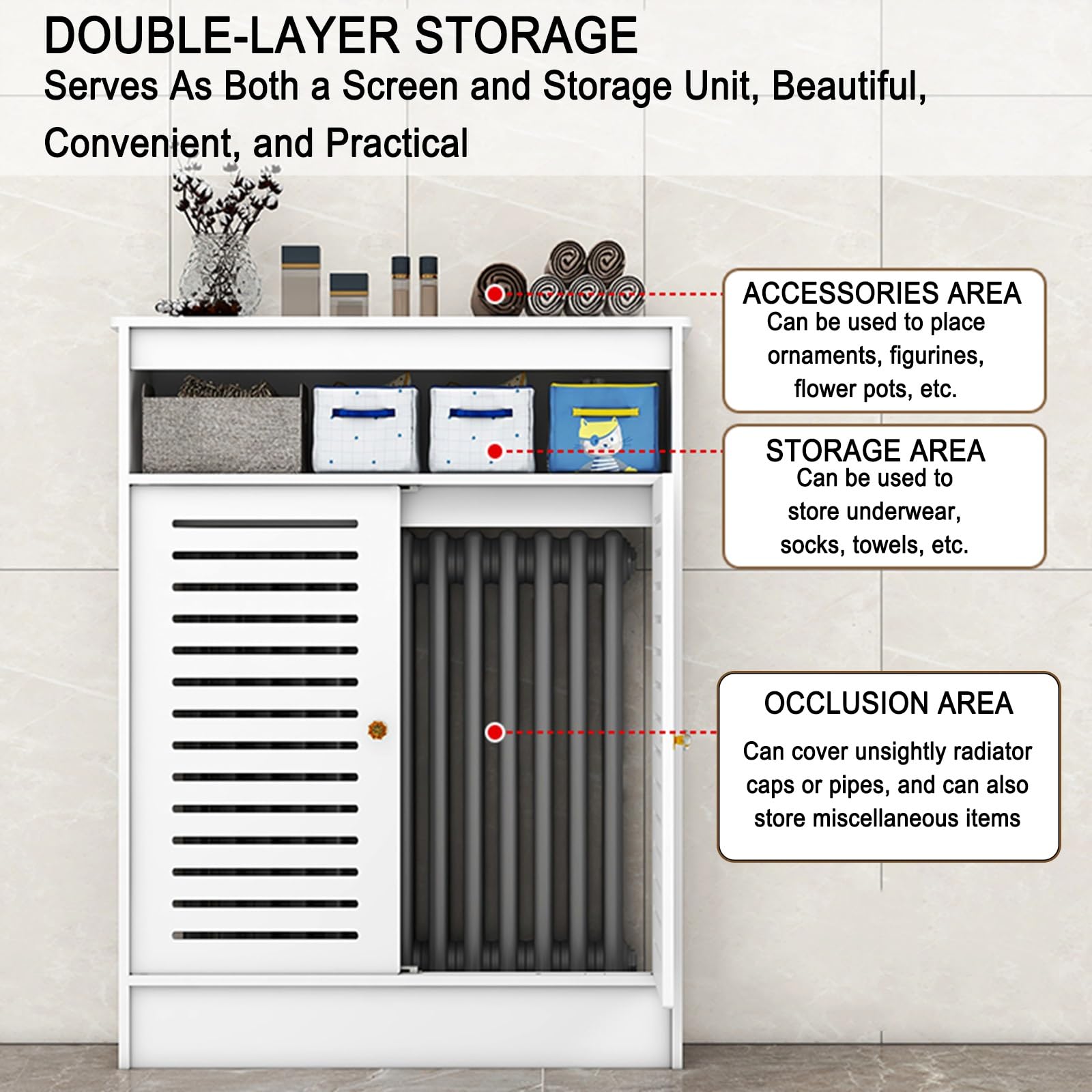 Copertura per termosifone bianca con griglia a feritoia e Sto nizer con 2 ante per soggiorno e bagno, 60 x 20 x 90 cm, design