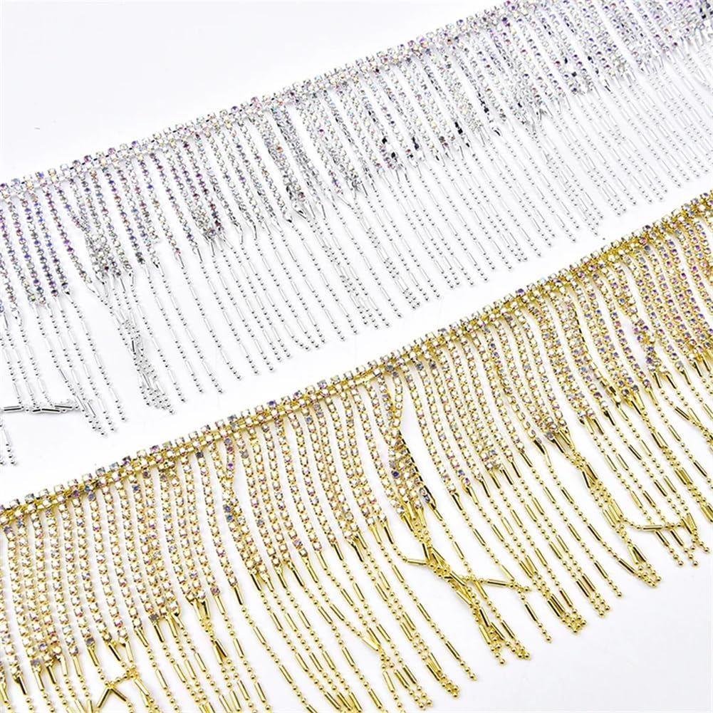 9.8Cm Width Crystal AB Tassel Trim Long Metal Beads Fringe Rhinestone Chain Sew On Accessories Gold AB 1 Yard