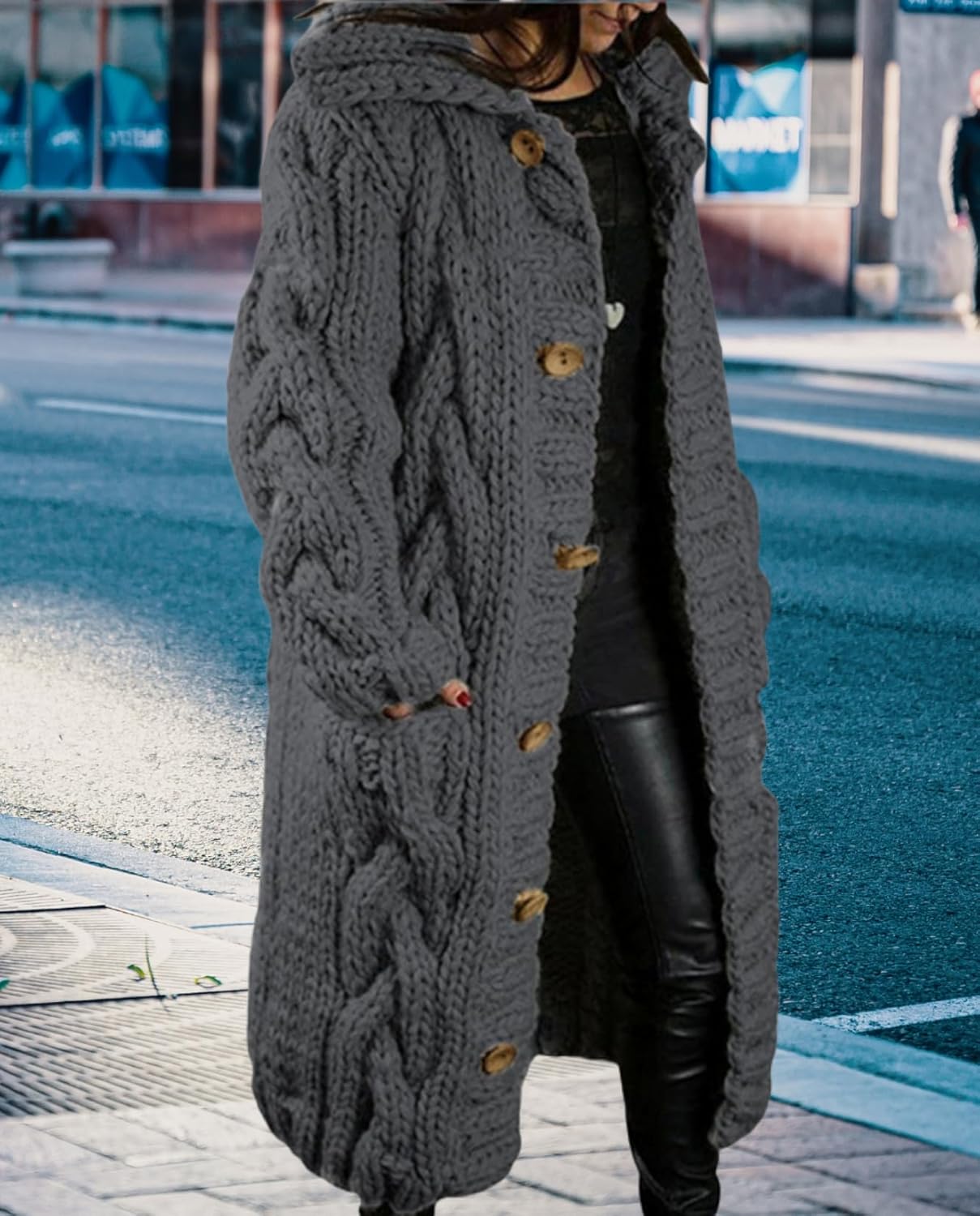 LIZALIG Womens Knit Long Cardigan Sweater Button Down Oversized Coat Lapel Neck Fair Isle Sweaters with Pockets Fall Winter - Image 2