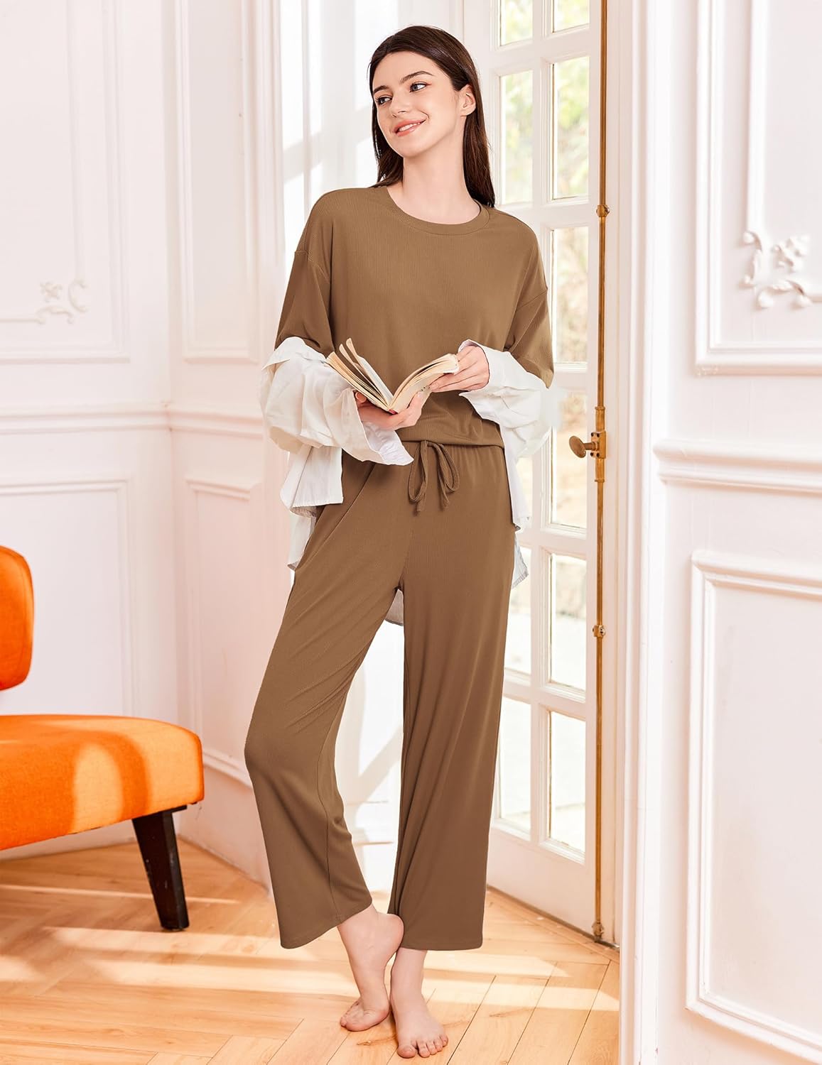 Ekouaer Pajamas for Women Ribbed Knit Lounge Set Short Sleeve Loungewear 2 Piece Outfits Pants Sets S-XXL - Image 4