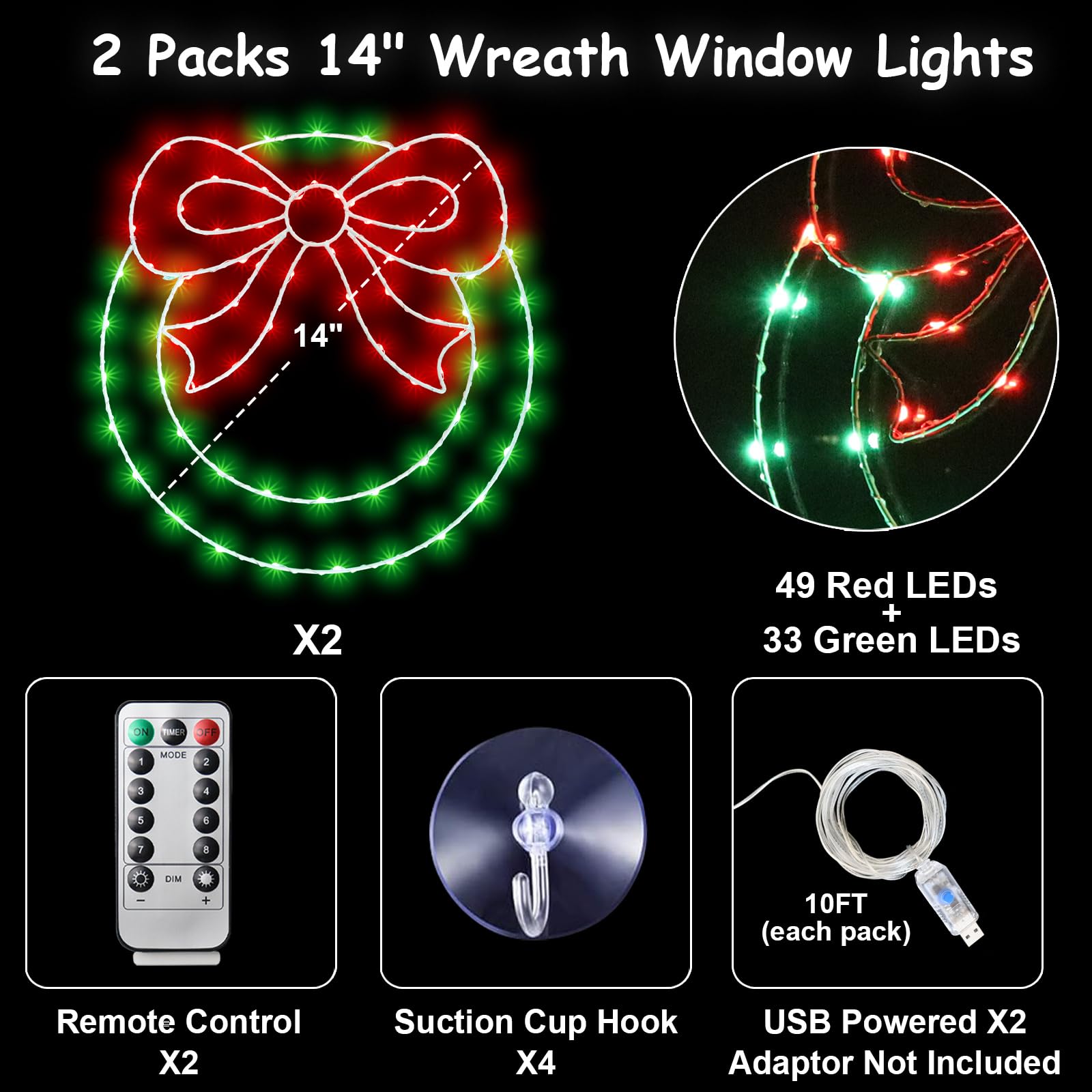 Zimati Lot de 2 guirlandes lumineuses de Noël de 34,3 cm à 82 DEL avec nœud, minuterie, télécommande USB, lumières de fenêtre pour porte, maison, fête de Noël