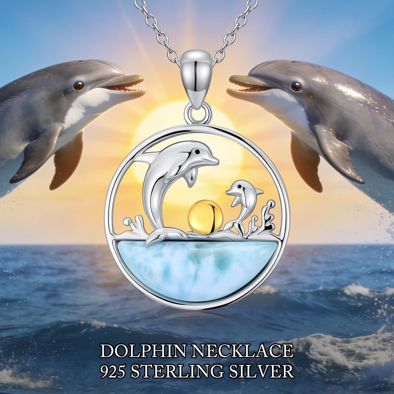 Natural Larimar Dolphin Necklace for Women 925 Sterling Silver Dolphin Pendant Necklaces Larimar Beach Jewelry Gifts for Mom Wife - Image 6