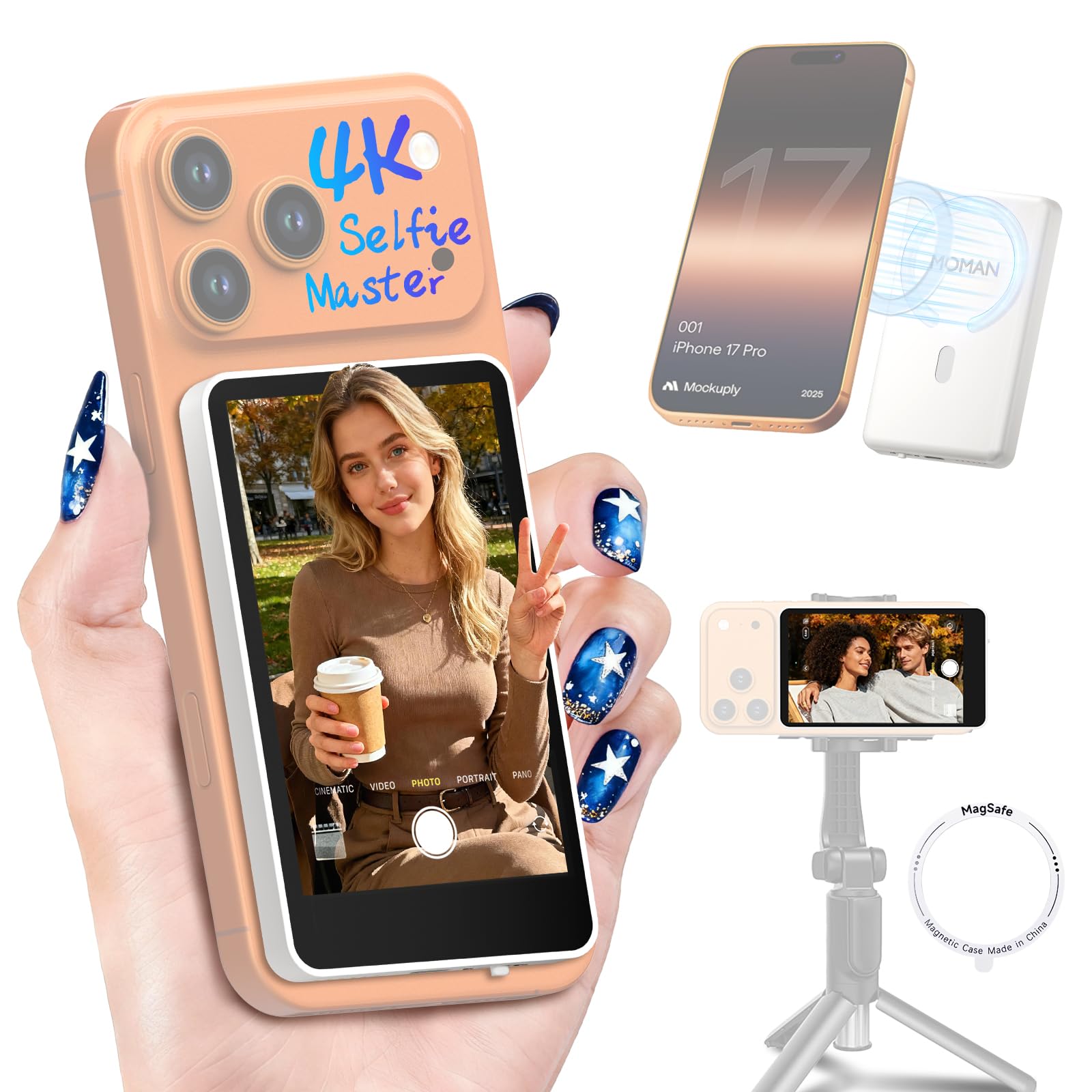 Moman Vlog Selfie Monitor Screen with 4K 60fps &amp; Encrypted Private Wireless for iPhone 17 Series, Magnetic Back Camera Monitor, P2P Link, 164 ft Range for TikTok, YouTube, Vlogging (White)