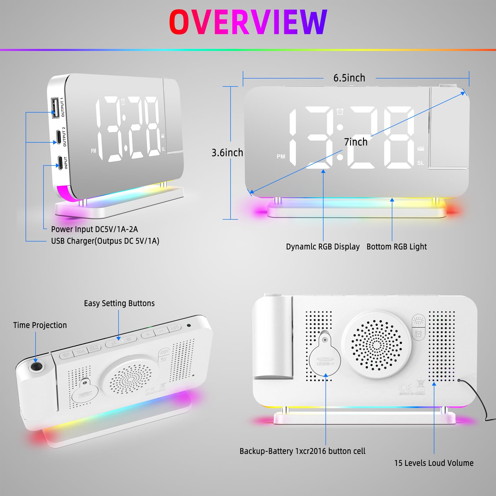 Radiosveglia Digitale con Proiezione e FM 6 Livelli Luminosità Schermo 4 Proiezione Snooze