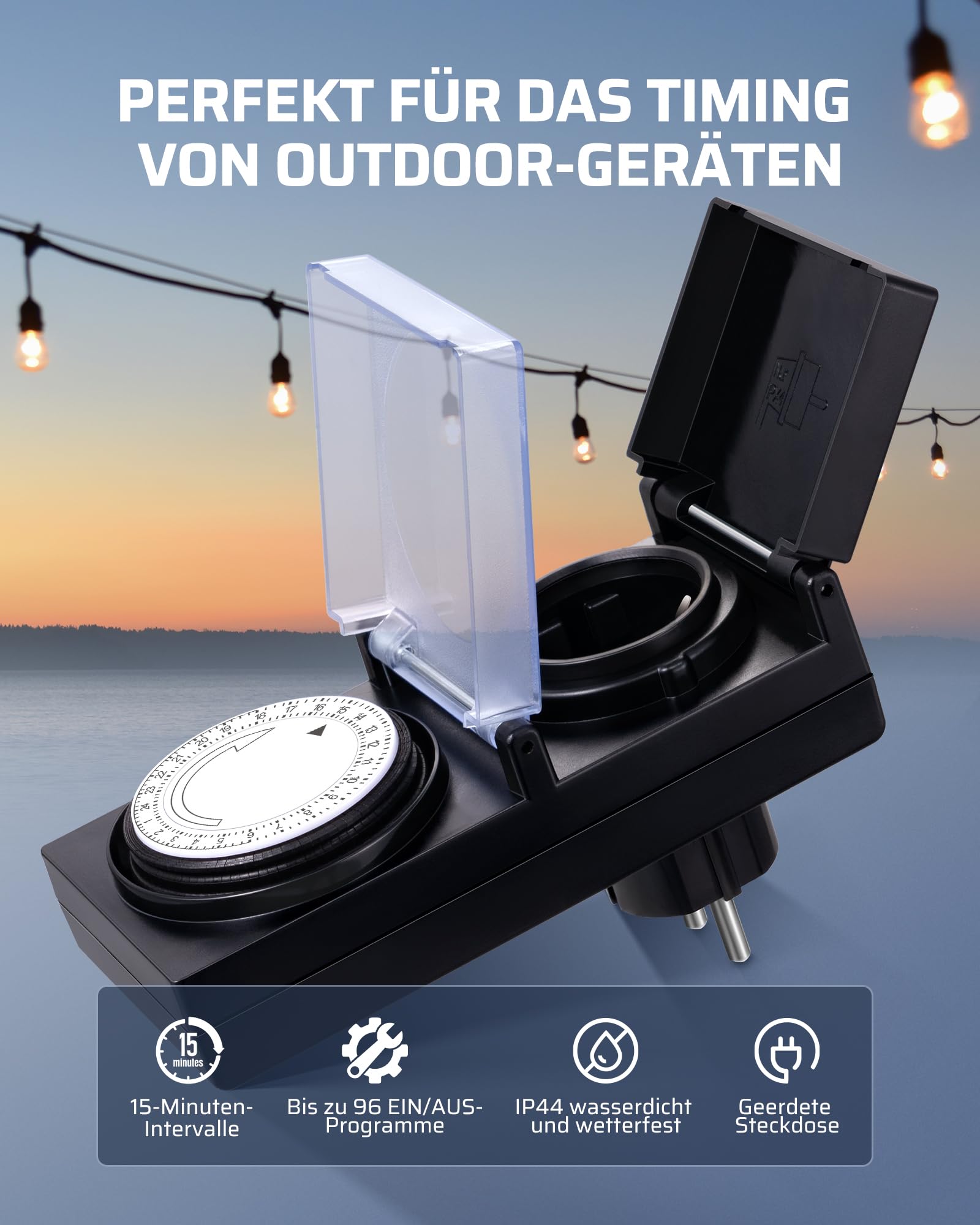 DEWENWILS Timer meccanico da esterno, Timer analogico da esterno con protezione impermeabile IP44, a prova di bambino e protettivo per giardino