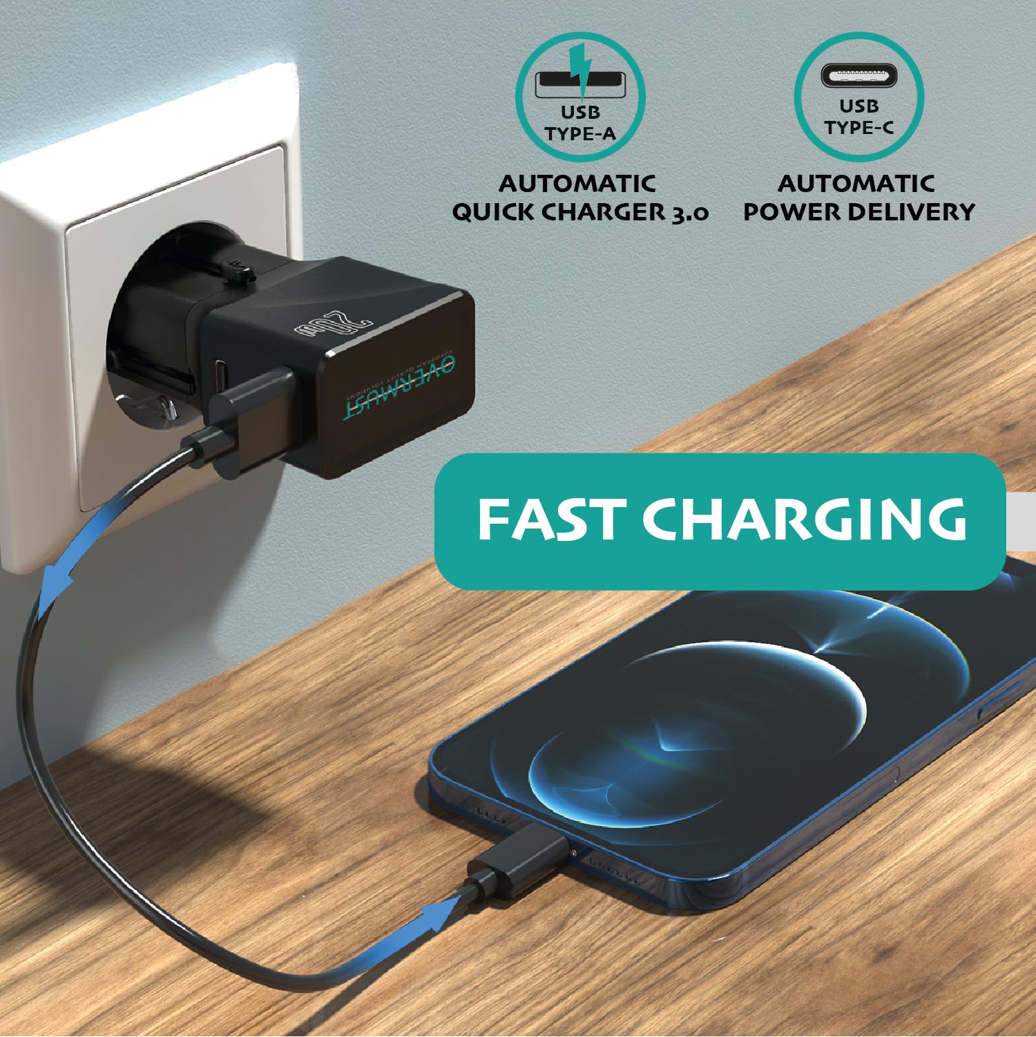 Travell Wall Charger - uniwersalny adapter podróżny z gniazdem USB-C i USB-A, idealny adapter podróżny, kompatybilny z gniazdami w 200 krajach USA, UE, UK, AU, moc do 20W