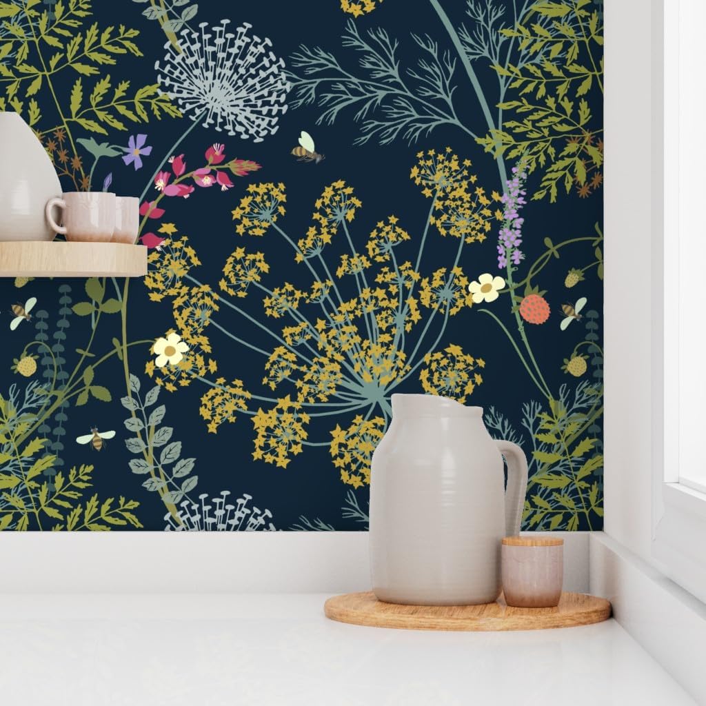 Removable Wallpaper Swatch - Botanical Grasses Honeybees XL Scale Floral Nature Dark Blue Gold Custom Pre-Pasted Wallpaper by Spoonflower