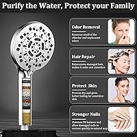 Vista 2 de Cabezal de ducha filtrado con mano, alta presión, 5 modos de pulverización, cabezal de ducha con manguera, soporte y 15 etapas de suavizante