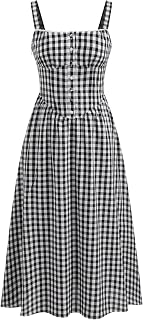 Maxi Dress for Women Gingham Cotton Blend Square Neck Casual Lined Summer Vacation Dress Middle Waist
