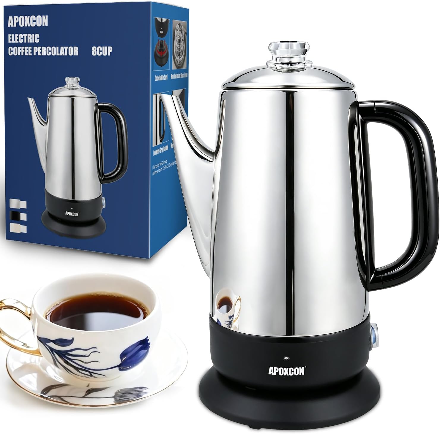 APOXCON Electric Coffee Percolator, Stainless Steel, 1200ml, with Keep-Warm Function, Glass Knob, Cordless Serving - No Aluminum No Plastic Contact with Beverage (8 Cup)