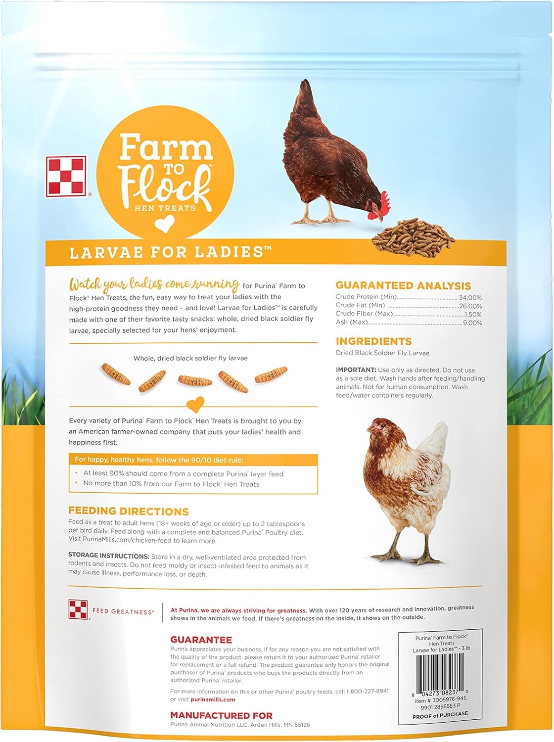 Purina | Farm to Flock Larvae for Ladies™ Hen Treats | Black Soldier Fly Larvae - Chicken Treats | (3 LB)