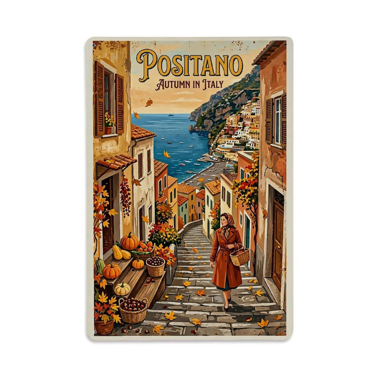 Huiyhb 8X12inch(20X30cm) Vintage Travel Positano Italy Autumn Leaves Stairway Metal Tin Sign
