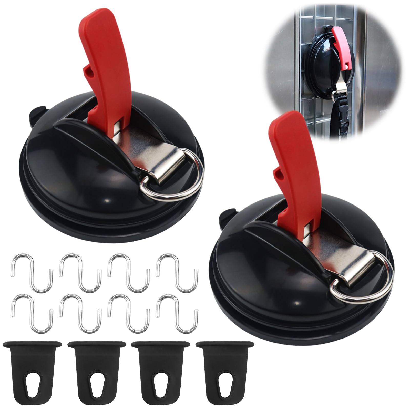 Raxfekro Set di 2 ventose con 8 ganci a S e 4 ganci in silicone, ventosa con gancio da campeggio, ventosa per auto adatta per campeggio, tenda, roulotte, tenditore per auto