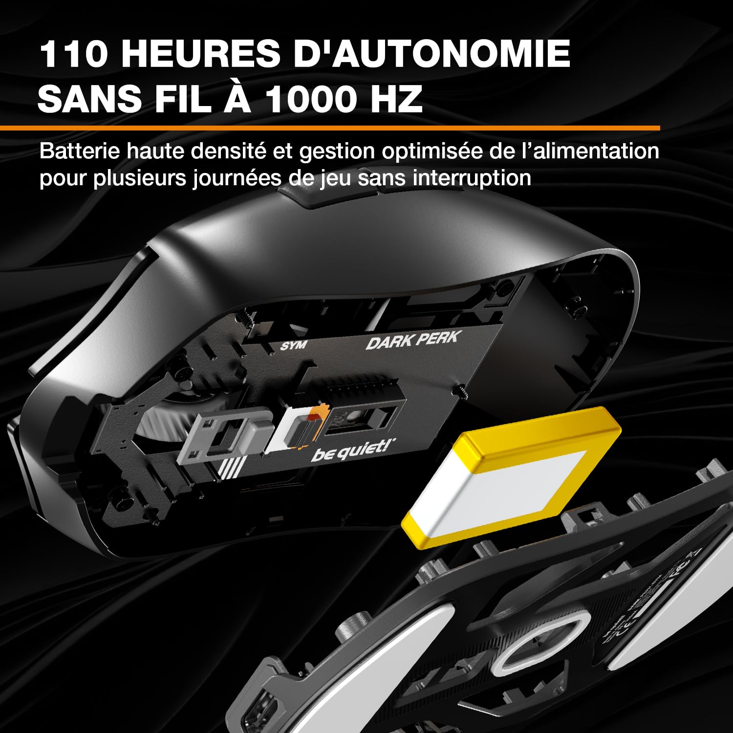 be quiet! Dark Perk Sym Souris PC, Poids Plume de 55 g, autonomie sans Fil Ultra-Longue, taux de rafraîchissement de 8 000 Hz, capteur PixArt PAW3950, 32 000 DPI, commutateurs optiques 70m