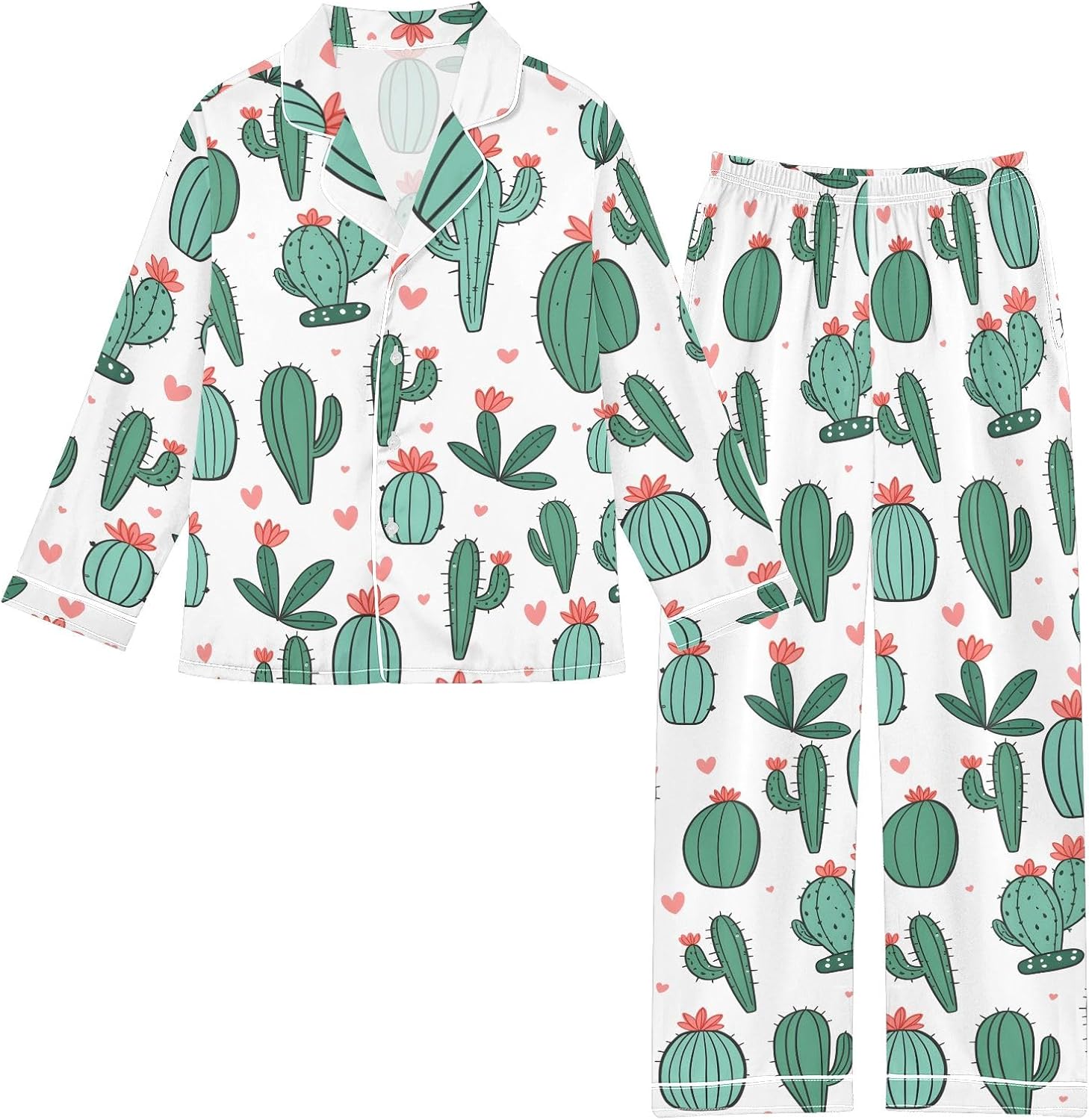 Kids Casual Satin Wear Set Green Flower Cactus Pattern Unisex Relaxed Fit Clothing