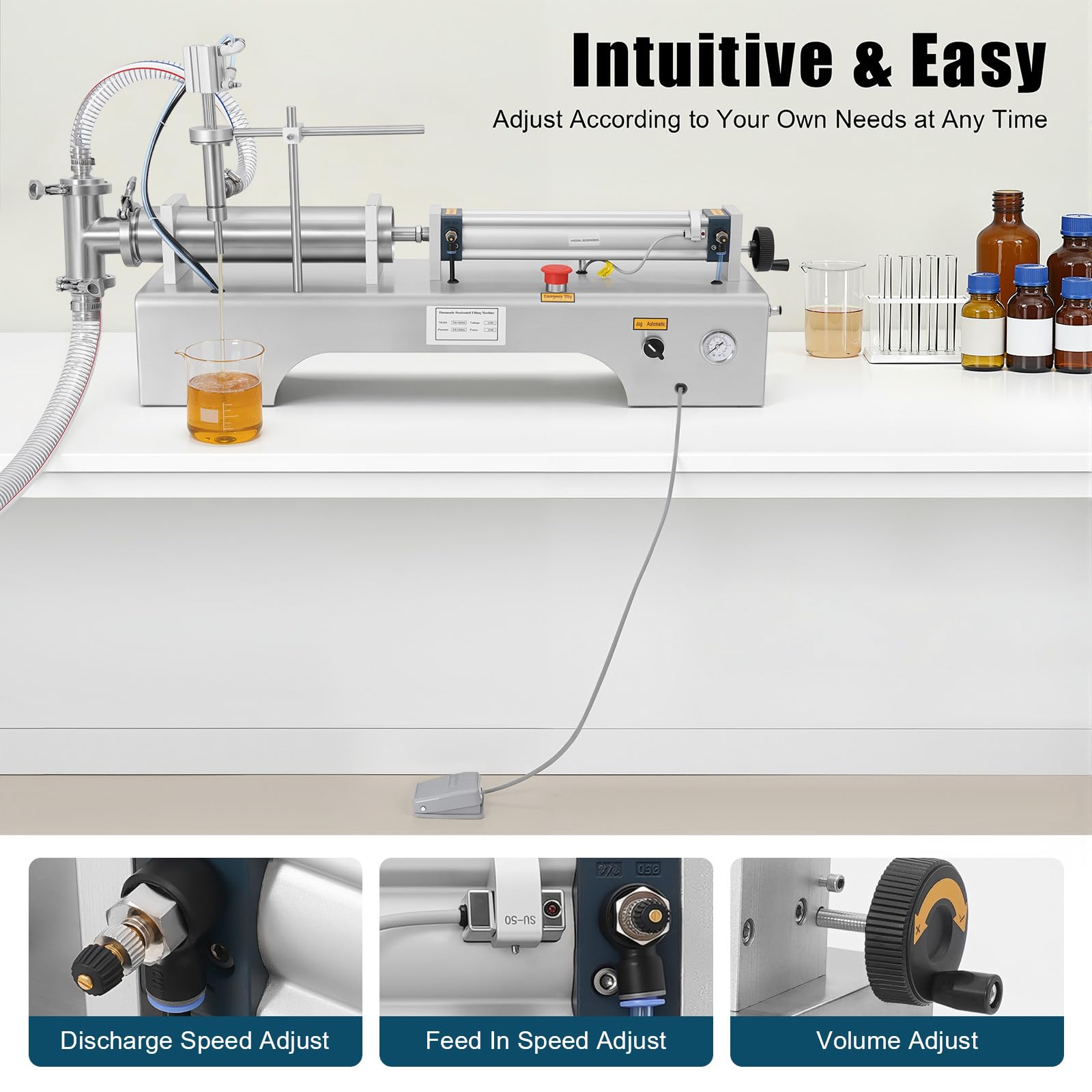 Riempitrice pneumatica orizzontale per liquidi, 30 W, 100-1000 ml, riempitrice pneumatica, autoadescante, in acciaio inox, per bevande farmacologiche
